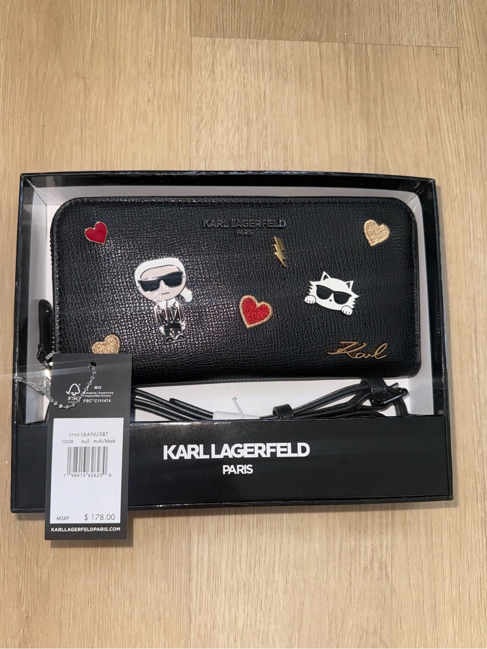 Karl Lagerfeld Black Wallet with Crossbody strap in gift box